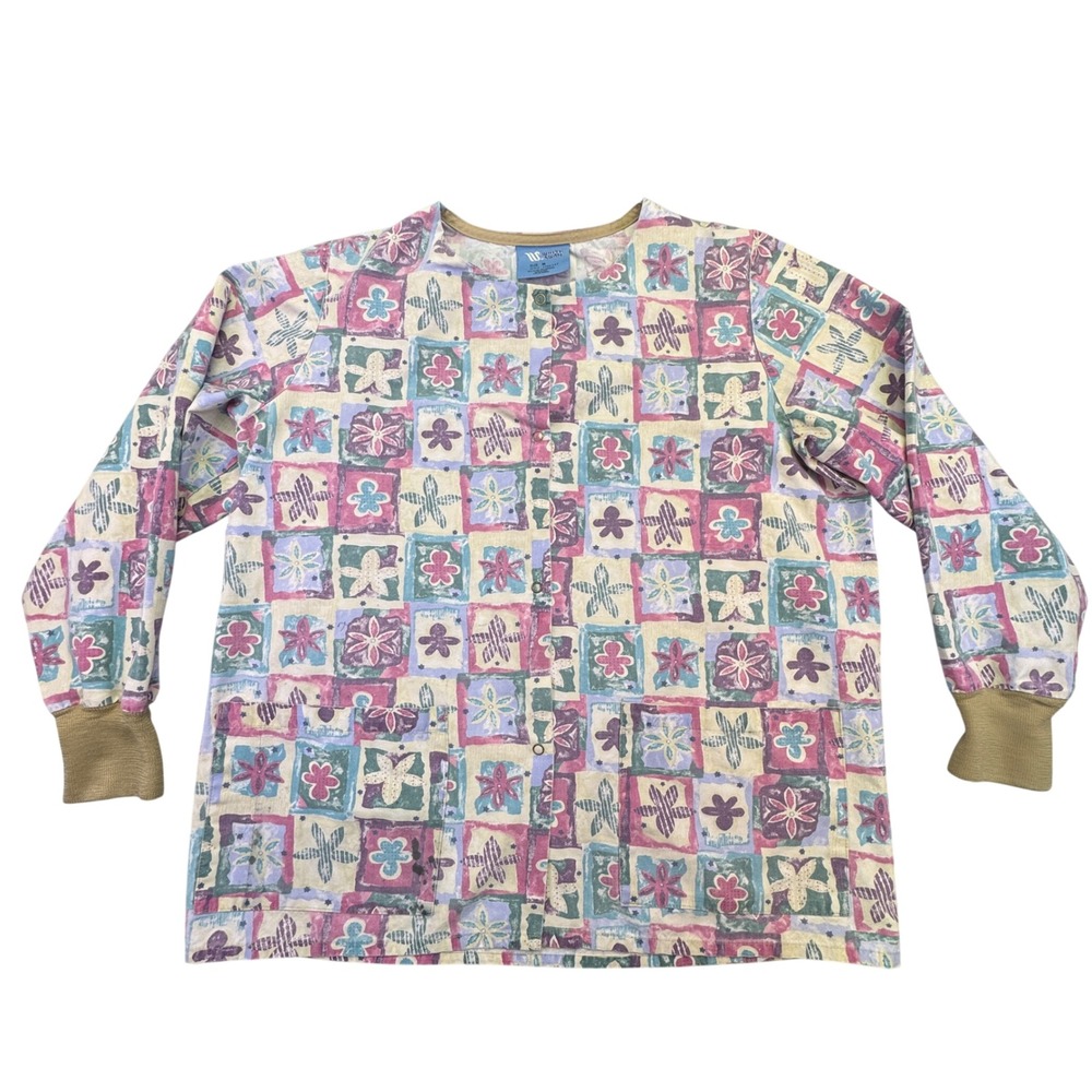 White Swan Scrub Shirt Women's Medium Floral Print Long Sleeve Tile Pattern‎